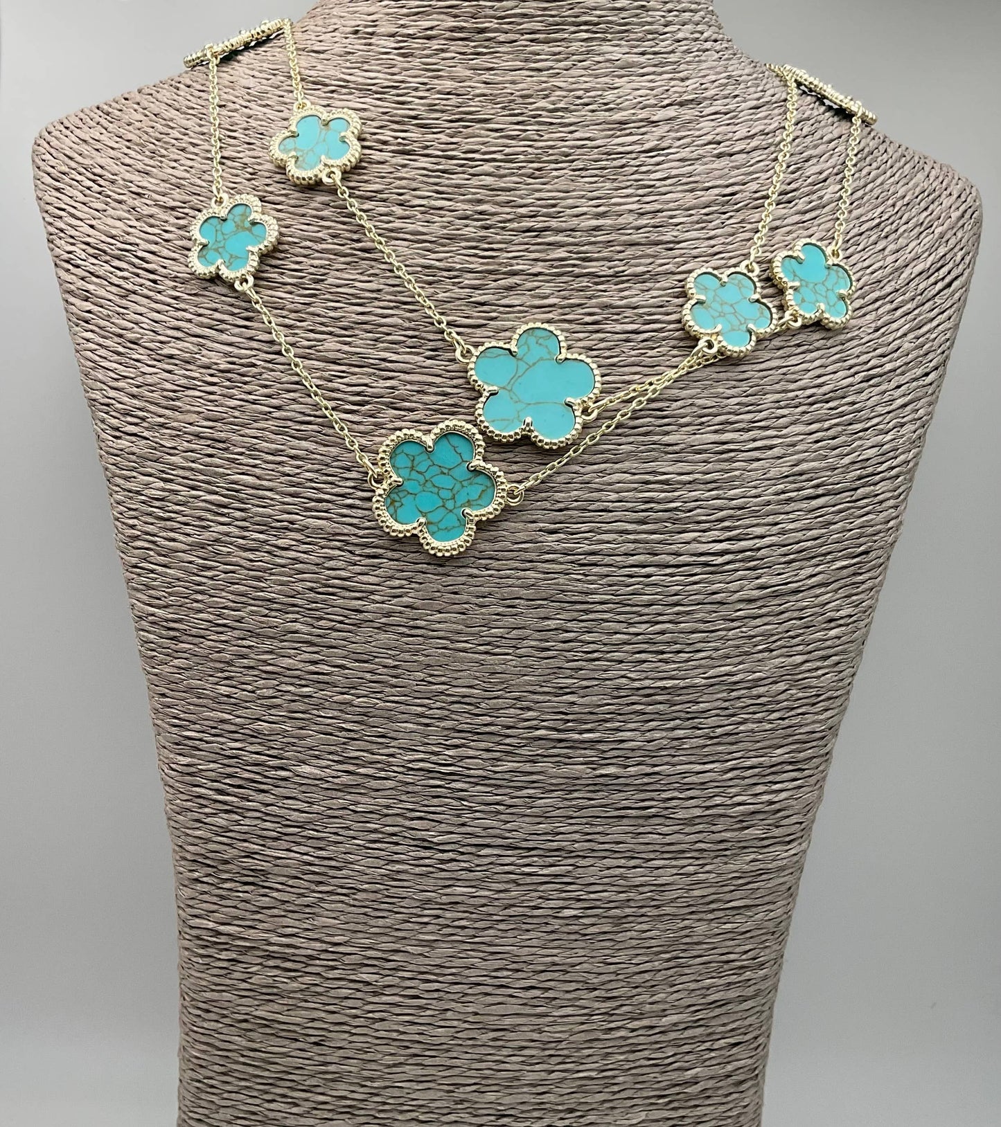Assorted Genuine Stone Clover Station Statement Necklaces: Turquoise