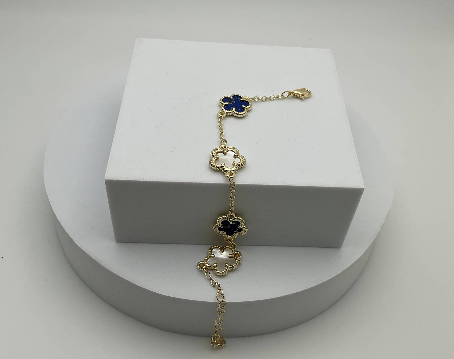 Assorted Coloured Clover Station Bracelets: Lapis & Mother Of Pearl