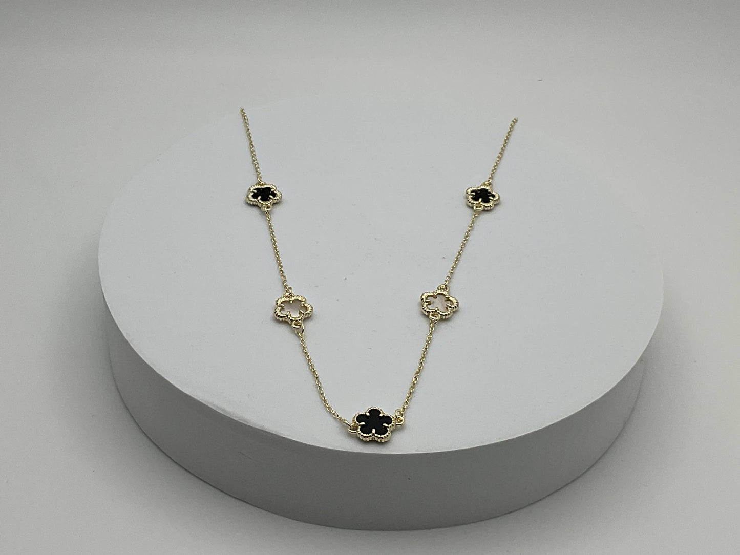 18”   Black & White Clover Station Necklace