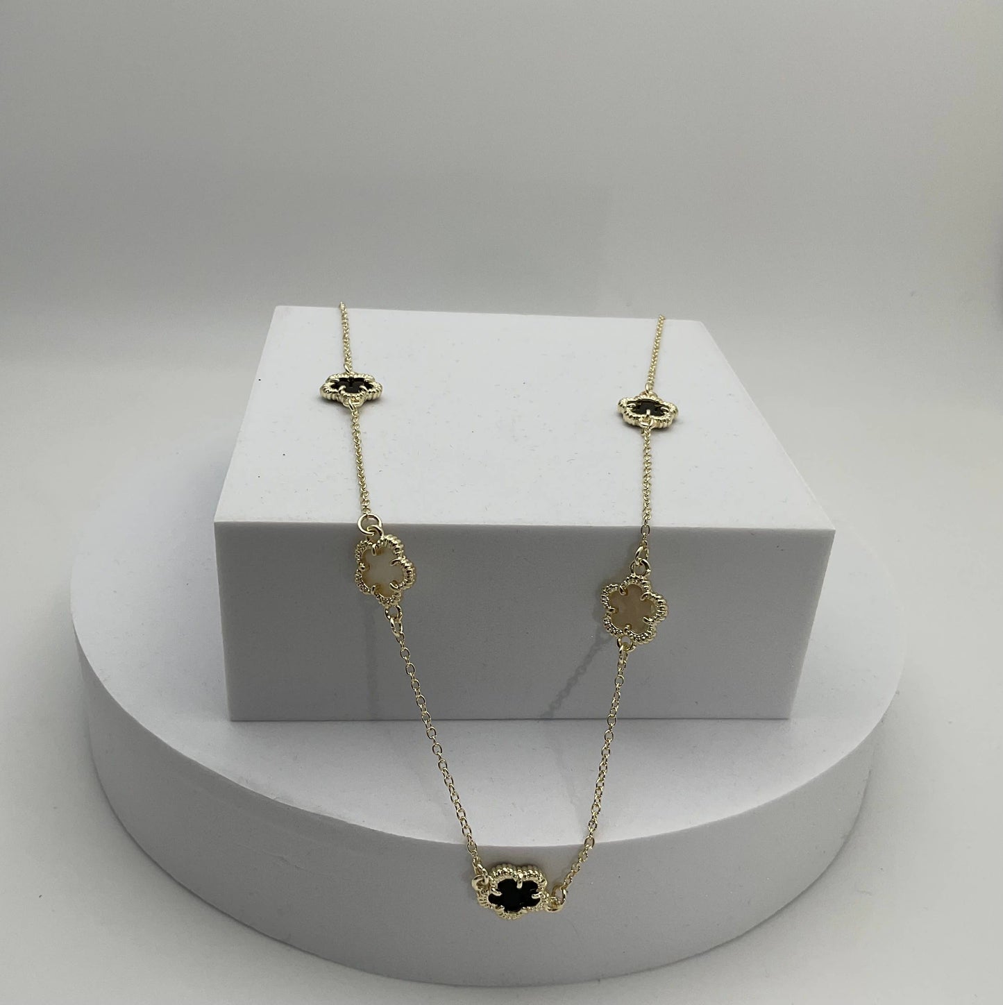 18”   Black & White Clover Station Necklace