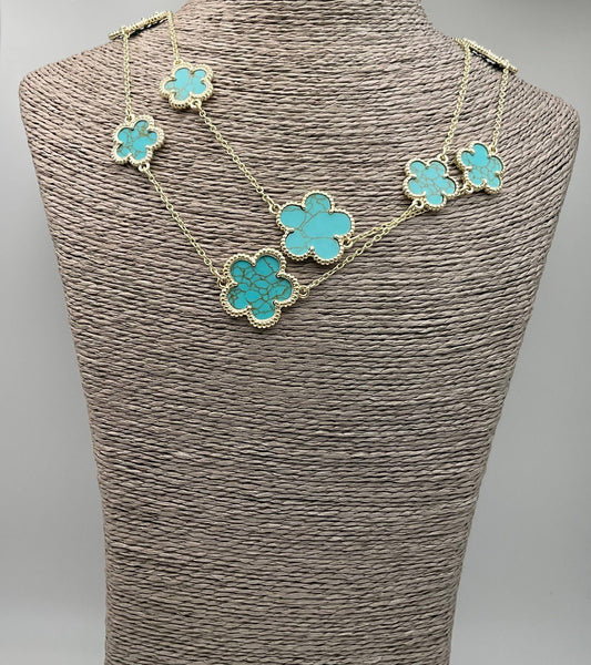 Assorted Genuine Stone Clover Station Statement Necklaces: Turquoise